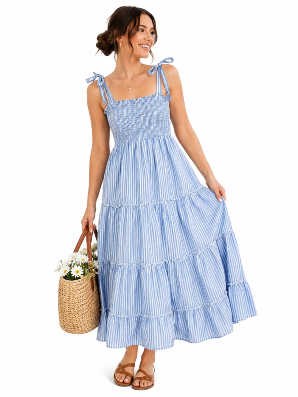 Pink Lily Caitlin M Covington Maxi Dress Medium Blue Stripe Smocked Coastal